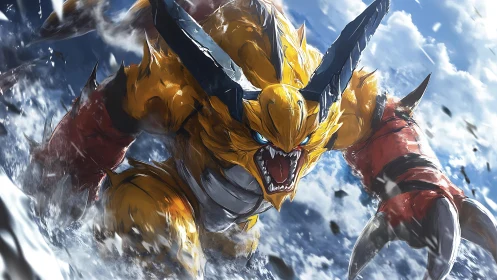 Ferocious horned beast charges forward through crashing waves