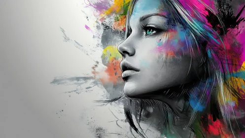 Chromatic daydreams bloom around a grayscale muse in profile.