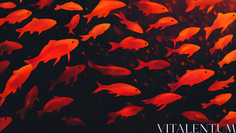 Red fish group in dark aquatic space digital illustration.