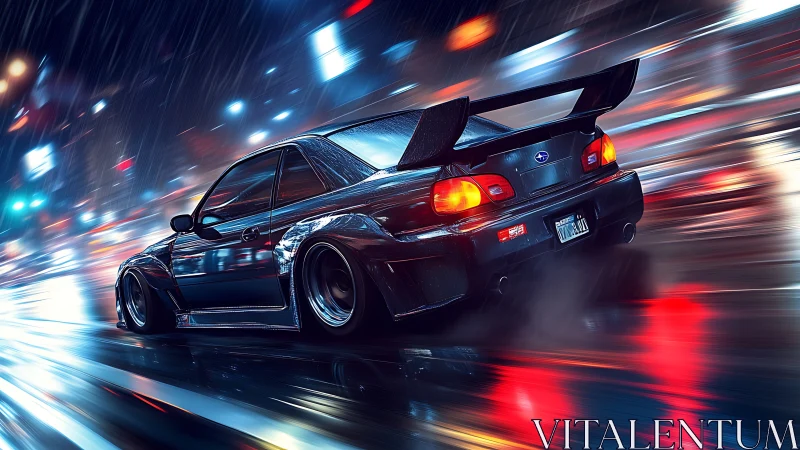 Modified Subaru coupe racing through neon city rainstorm.