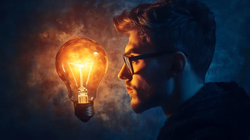 Portrait of man facing glowing light bulb concept art.