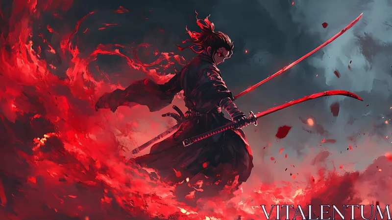 Crimson vortex warrior with dual katanas in infernal storm