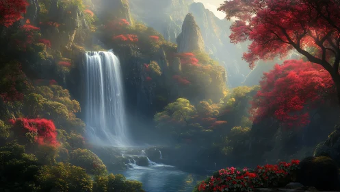 Waterfall amid forested cliffs with red foliage accents.