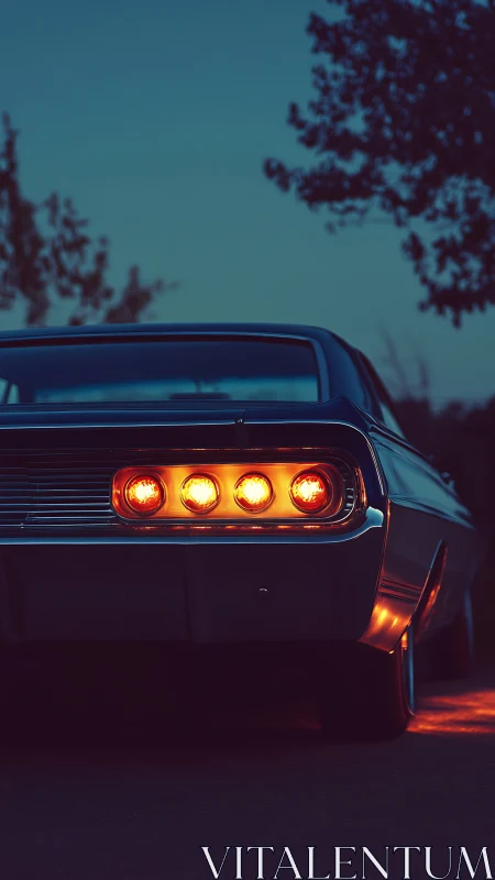 Rear view of vintage muscle car with glowing tail lights at dusk