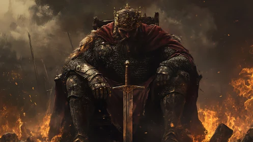 Battle-worn king broods on a fiery throne of ruin.