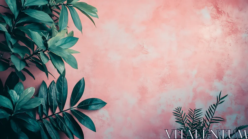 Tropical foliage silhouettes contrast against textured pink plaster