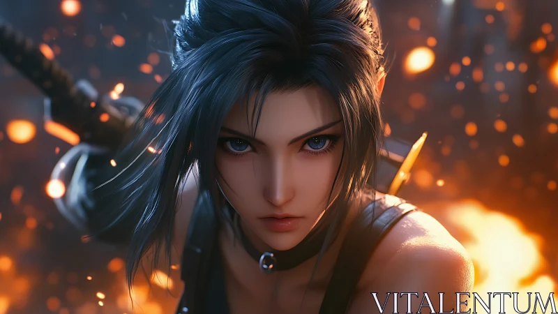 Sword-bearing female fighter amid embers and warm light.