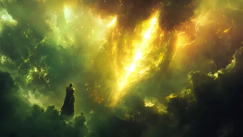 Figure observes luminous cloud fissure within dense nebula