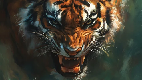 Ferocious tiger head roaring in intense digital artwork.