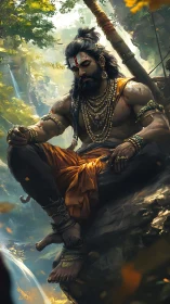 Seated ascetic figure in forested cliff environment