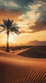 Sunlit desert palms guarding rippled dunes at glowing dusk.