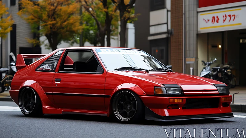 Red widebody 1980s Japanese coupe with street stance tuning