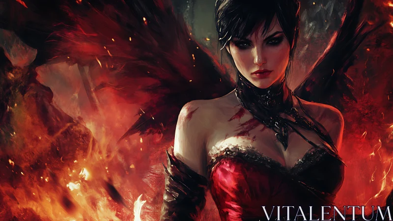 Dark winged woman in red dress amid intense firelight.