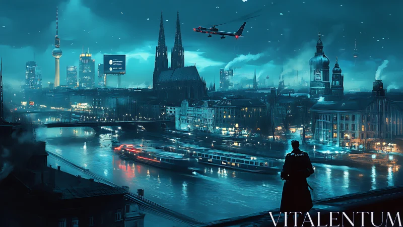 Neo-noir river city skyline under teal cyberpunk haze.