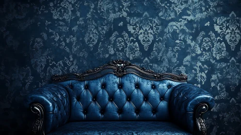 Ornate blue tufted sofa is set against patterned wall