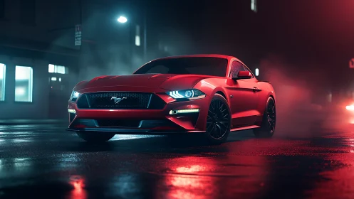 Crimson sports coupe under neon mist on wet night street.