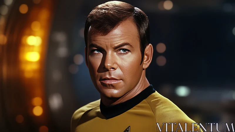 Stoic starship officer gazes ahead under warm bridge lights