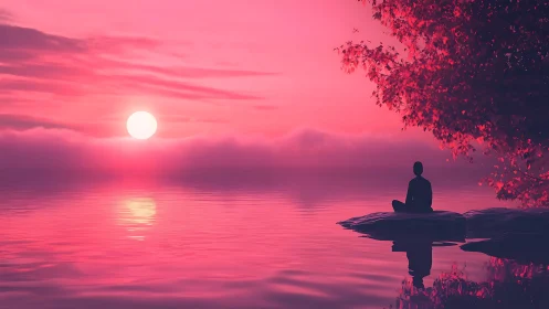 Meditative silhouette beside crimson lake at radiant sunset.