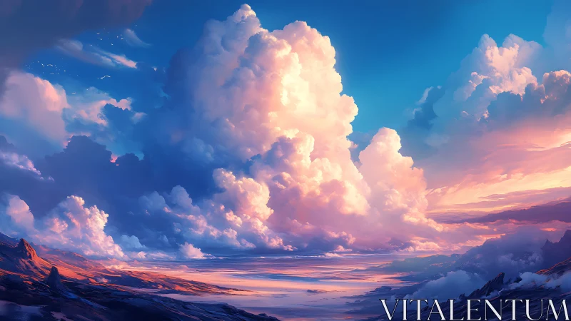 Towering sunlit clouds rise above wide coastal landscape