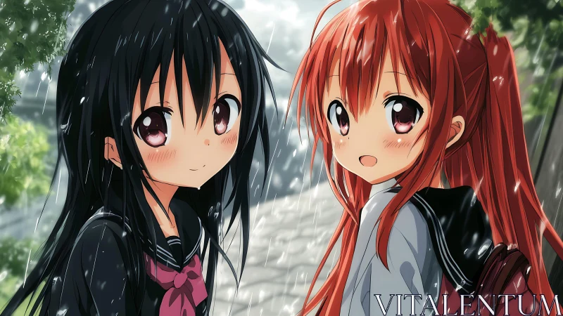 Rain-kissed schoolgirls trade bright smiles beneath soft showers