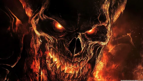 Infernal horned skull grinning through volcanic darkness.
