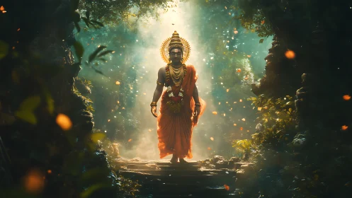 Radiant forest deity walking through glowing jungle light.