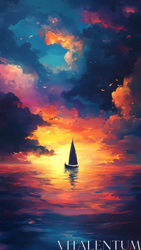 Lone sailboat glides into a radiant, dreamlike sunset seascape.