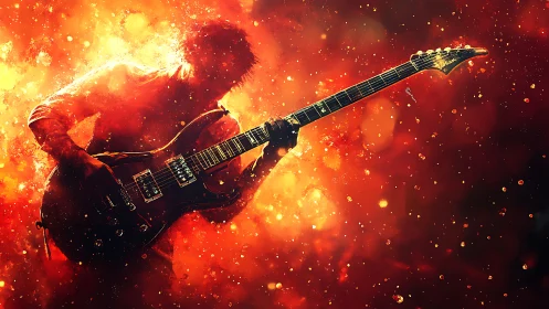 Silhouette rock guitarist ignites fiery abstract stage.