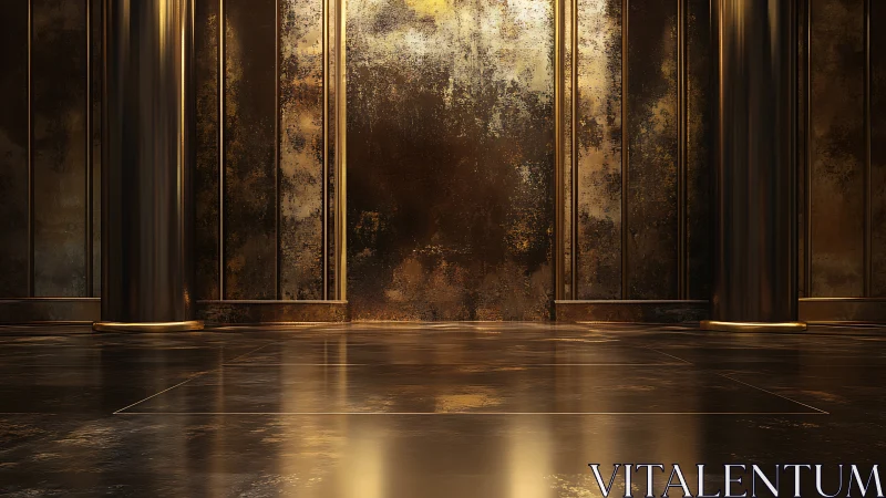 Metallic interior with reflective floor and vertical columns.