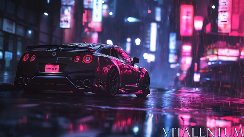 Neon city rain welcomes a sleek sports car poised for adventure