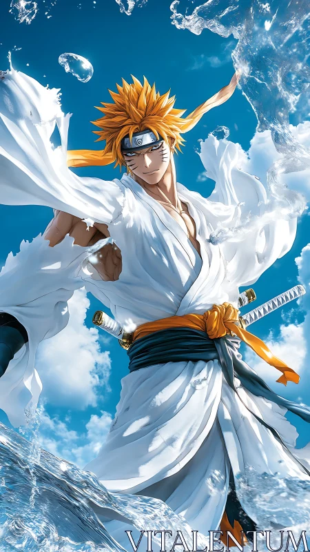 Storm-bright shinobi swordsman dancing with skywater.