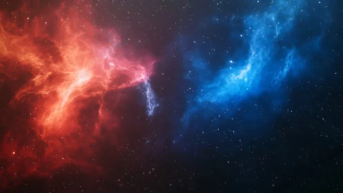 Glowing red and blue nebulae drifting across a quiet sky.