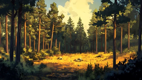 Sunlit conifer forest clearing with atmospheric golden light filtering through tall pines.
