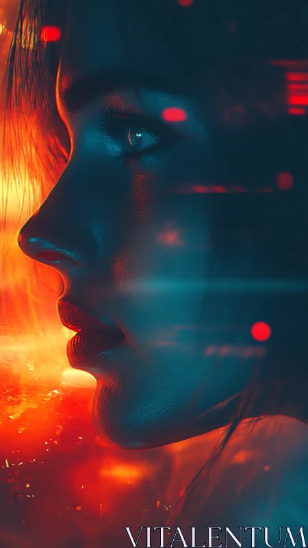 Cyberpunk profile portrait with neon bokeh and dual lighting.