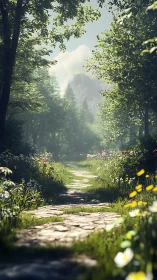Stone pathway curves through sunlit forest toward distant mountain vista