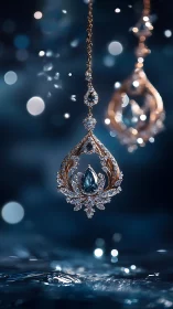 High-contrast macro view shows jeweled pendant over rippling water