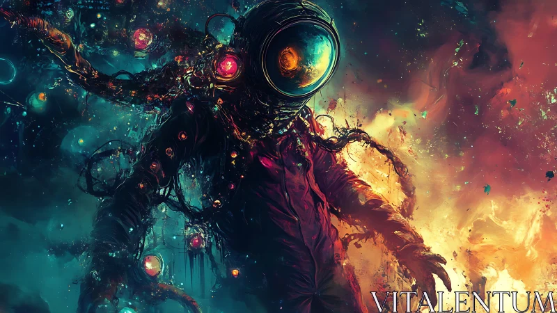 Astronaut figure amid abstract cosmic energy field.