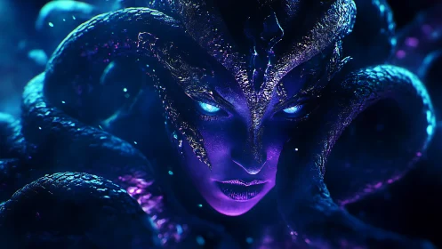 Abyssborn serpent queen glaring through neon twilight.