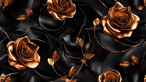 Metallic Roses on Black Surface with Botanical Elements.