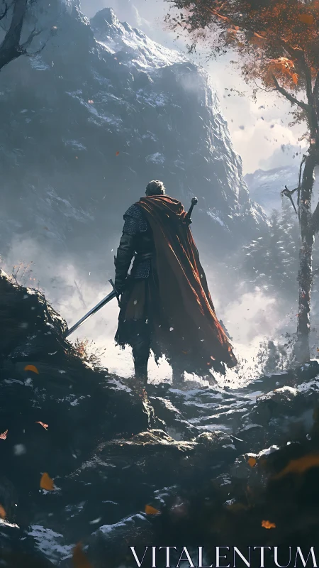 Lone warrior pauses on a misty mountain path in autumn.