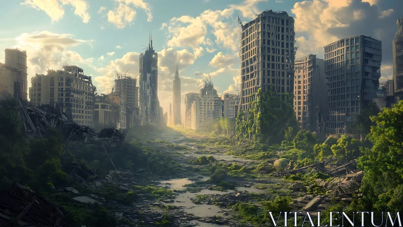 Sunlit post-apocalyptic city canyon with overgrown riverbed ruins