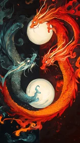 Twin elemental dragons swirling in a fiery, moonlit dance.
