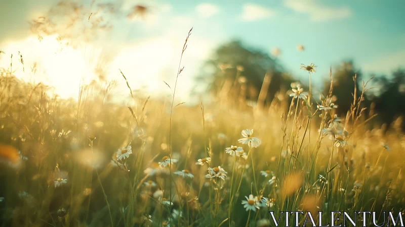 Golden summer meadow glows softly in gentle evening light