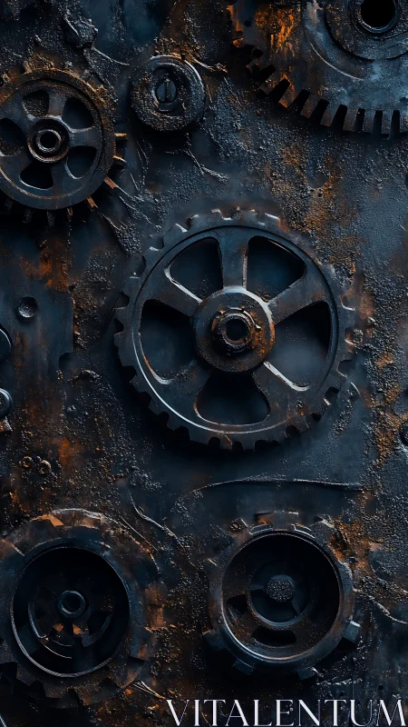 Rusty industrial gear assembly displays corroded metal textures