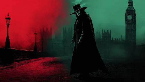 Masked vigilante stalks foggy London bridge in split light