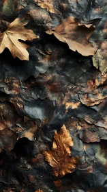 Burnished autumn leaves rest on dark textured ground