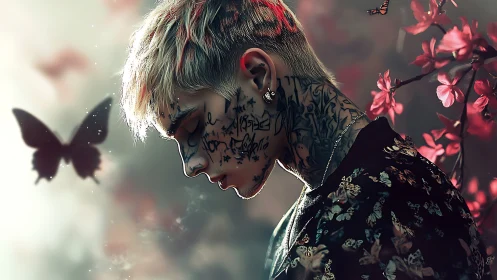 Tattooed youth in profile studies against ethereal butterfly bokeh