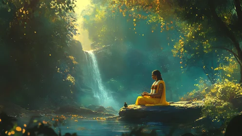 Meditating woman in yellow sari beside luminous forest waterfall.