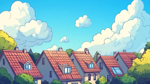 Sunny village rooftops under playful drifting clouds.