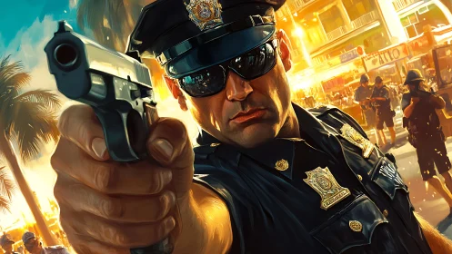 Close-range police officer aims handgun amid sunlit street chaos